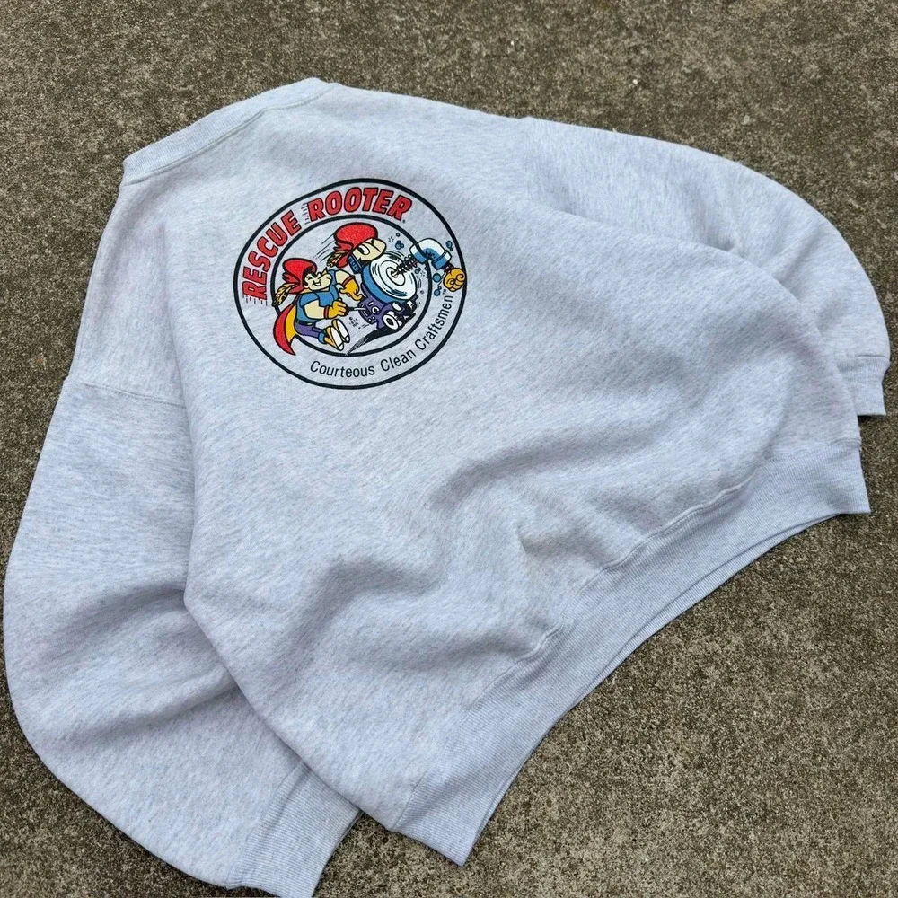 Vintage 80s Hanes Rescue Rooter Graphic Crewneck Workwear Made in USA Gray XL b4